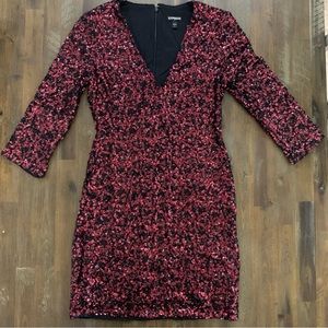Express red and black sequin party cocktail dress 3/4 sleeve v neck EUC